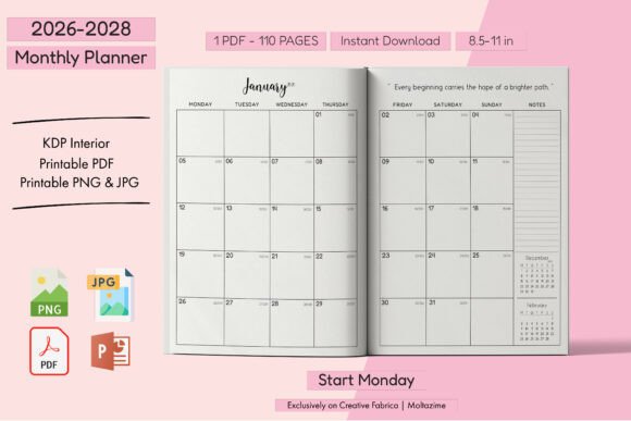 2026–2028 Monthly Planner Start Monday